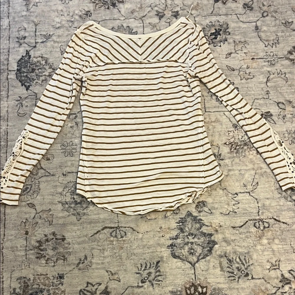Free People Boho Lace Sleeve Striped Top Cream Soft Girl Indie long sleeved Tee